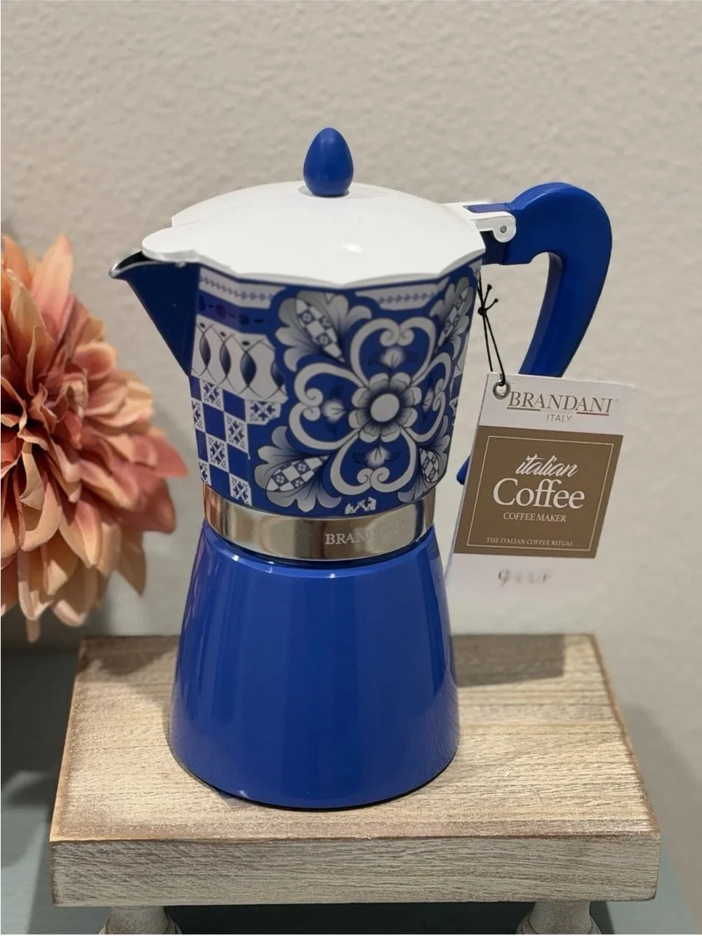 Brandani Italian Coffee Maker Moka Pot Blue Aluminum 9 Cup NEW